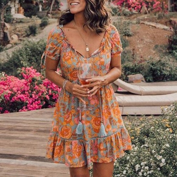 Boho Orange floral print Puff Sleeve ruffle Hem Mini Dress - Picture 6 of 9
